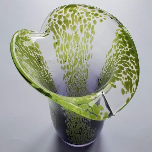 Vntg Murano Style Art Glass 7 1/2" Lime Green Clear Indigo Purple Vase - Picture 5 of 13